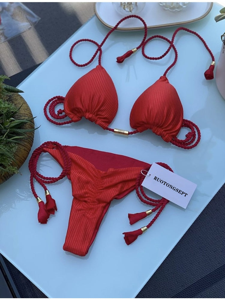 RUOTONGSEPT Triangle Bandage Swimwear Thong Bikini Set