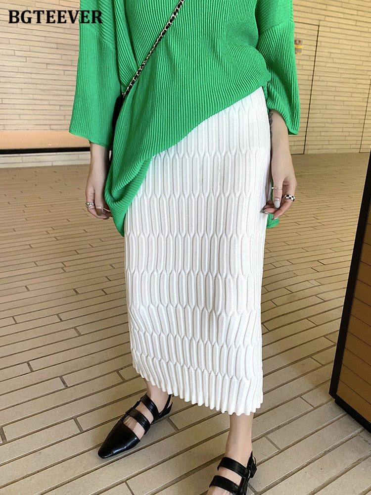 BGTEEVER Elegant High Waist Slim Fit Zipper Mid-Calf Wrapped Knitted Skirt