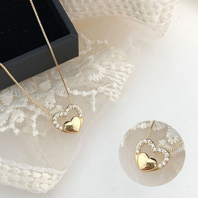 Shiny Bling Zircon Double Layer Heart Clavicle Chain Necklace