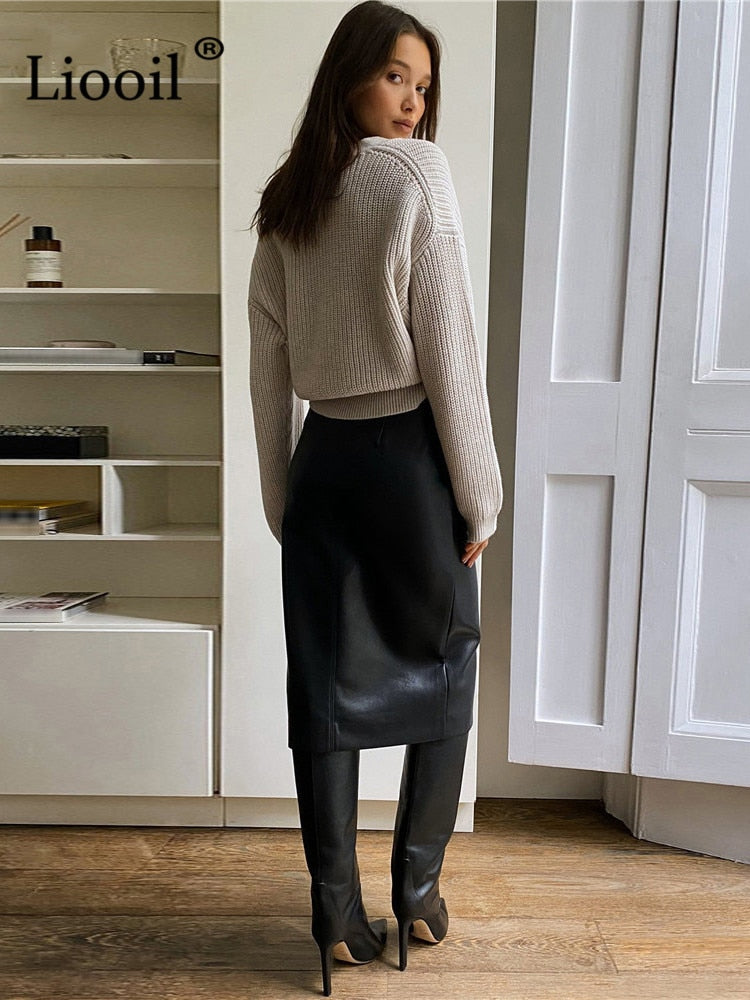 Liooil Women Faux Leather Slit Pencil Office Skirt - Jeglowstore
