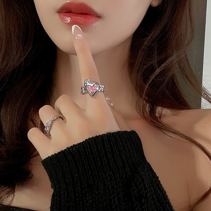 Pink Crystal Irregular Heart Ring Y2K Creative Blue Opal Broken Heart Ring