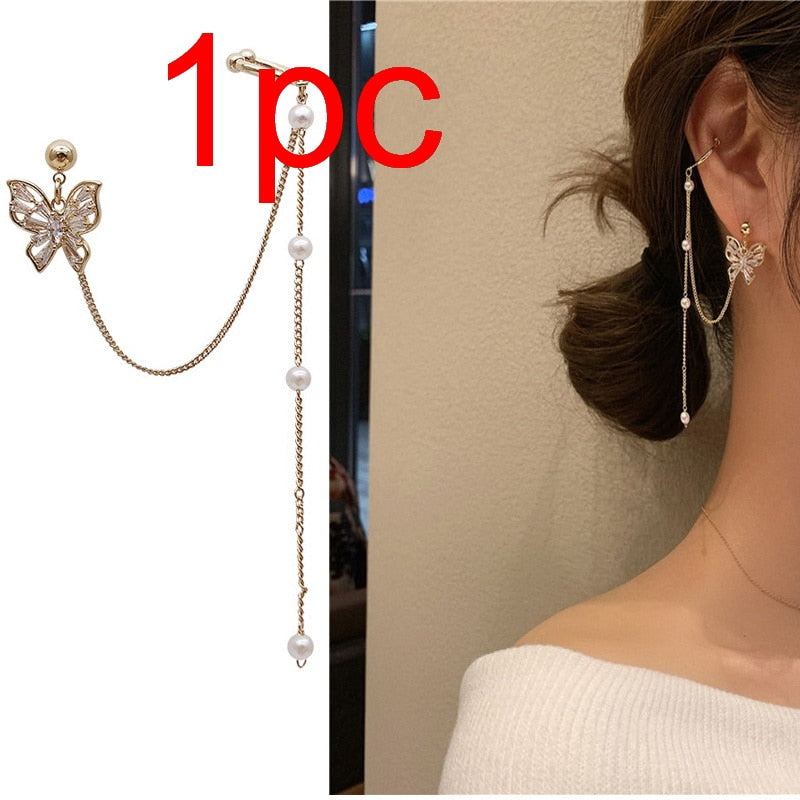 Zircon Pearl Chain Asymmetrical Butterfly Earrings