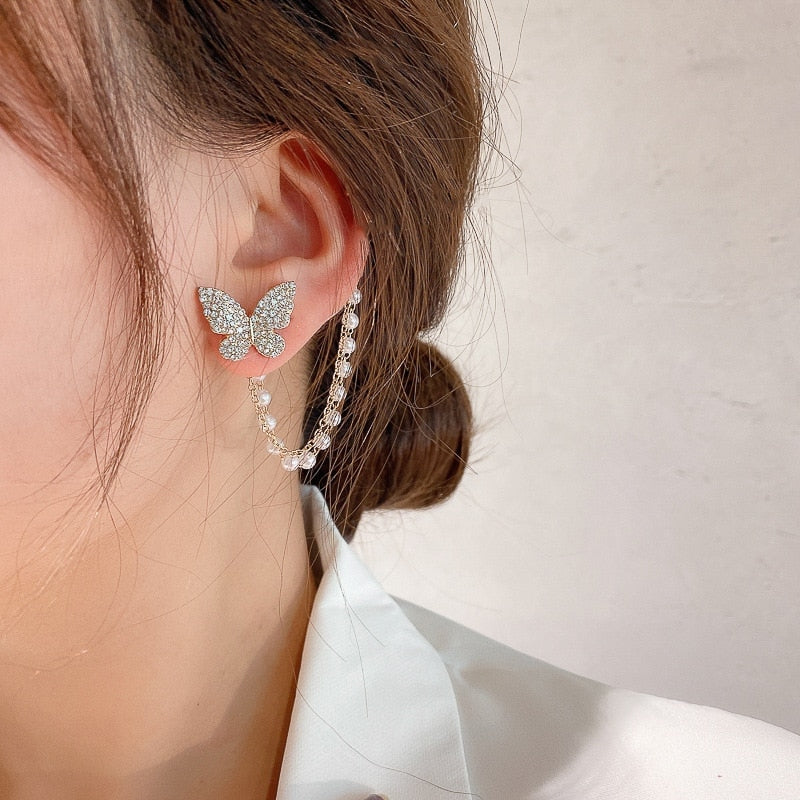 Zircon Pearl Chain Asymmetrical Butterfly Earrings