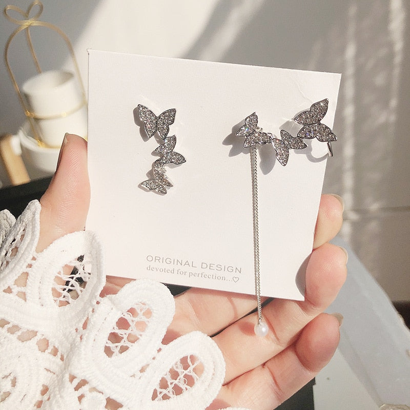 Zircon Pearl Chain Asymmetrical Butterfly Earrings