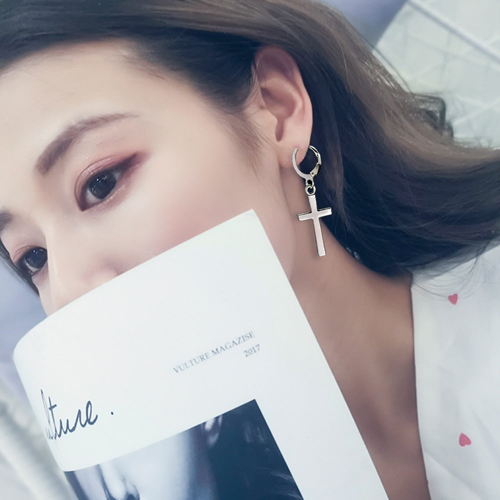 Metal Hoop Cross Drop Dangle Earrings