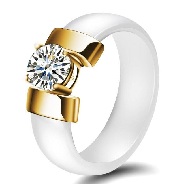 6mm White Black Ceramic Rings Plus Cubic Zirconia For Women Gold Color Stainless Steel Women Wedding Ring Engagement Jewelry - Shopeasywear