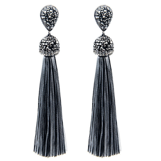Handmade 12 Colors Long Tassel Earrings Bohemian Black Red Pink White Blue Silk Crystal Dangle Drop Earrings For Women Jewelry - Shopeasywear