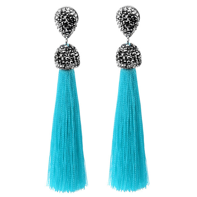 Handmade 12 Colors Long Tassel Earrings Bohemian Black Red Pink White Blue Silk Crystal Dangle Drop Earrings For Women Jewelry - Shopeasywear