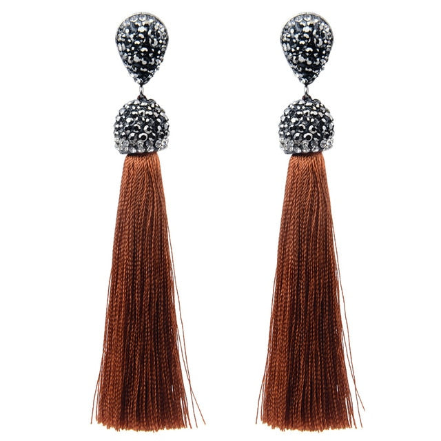 Handmade 12 Colors Long Tassel Earrings Bohemian Black Red Pink White Blue Silk Crystal Dangle Drop Earrings For Women Jewelry - Shopeasywear