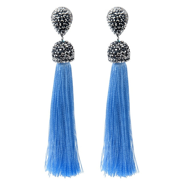 Handmade 12 Colors Long Tassel Earrings Bohemian Black Red Pink White Blue Silk Crystal Dangle Drop Earrings For Women Jewelry - Shopeasywear