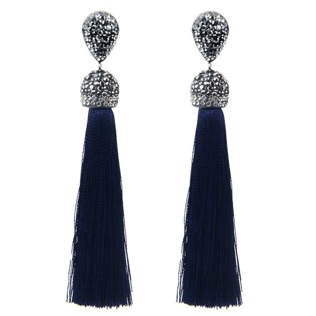 Handmade 12 Colors Long Tassel Earrings Bohemian Black Red Pink White Blue Silk Crystal Dangle Drop Earrings For Women Jewelry - Shopeasywear