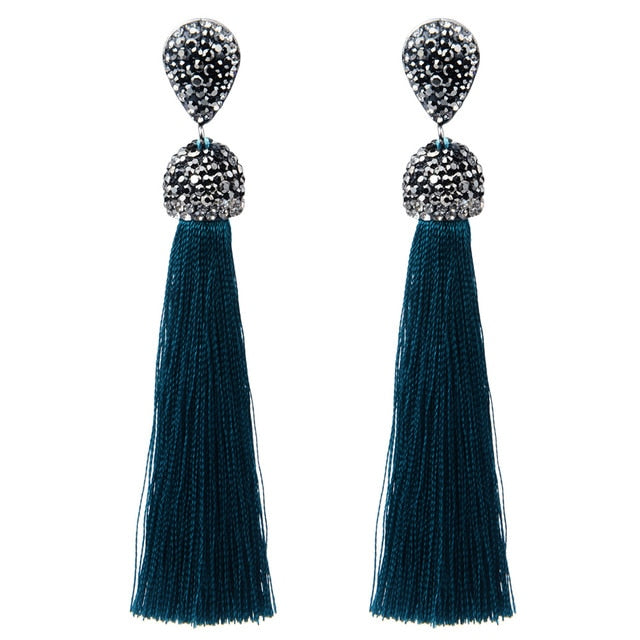 Handmade 12 Colors Long Tassel Earrings Bohemian Black Red Pink White Blue Silk Crystal Dangle Drop Earrings For Women Jewelry - Shopeasywear