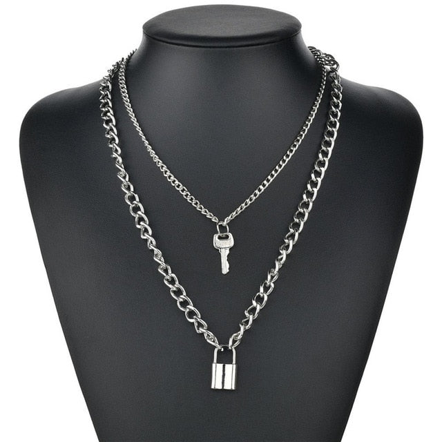 LETAPI Punk Metal Heart Choker Necklace For Women Big Thick Chain Round Hollow Multilayer Pendant Long Necklaces Jewelry - Shopeasywear