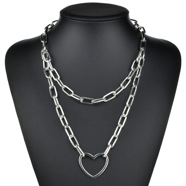 LETAPI Punk Metal Heart Choker Necklace For Women Big Thick Chain Round Hollow Multilayer Pendant Long Necklaces Jewelry - Shopeasywear