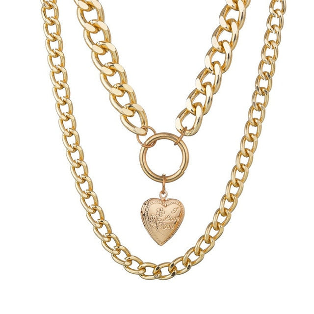 LETAPI Punk Metal Heart Choker Necklace For Women Big Thick Chain Round Hollow Multilayer Pendant Long Necklaces Jewelry - Shopeasywear