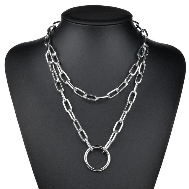 LETAPI Punk Metal Heart Choker Necklace For Women Big Thick Chain Round Hollow Multilayer Pendant Long Necklaces Jewelry - Shopeasywear
