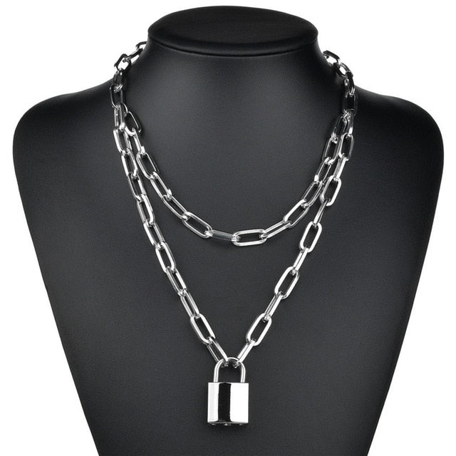 LETAPI Punk Metal Heart Choker Necklace For Women Big Thick Chain Round Hollow Multilayer Pendant Long Necklaces Jewelry - Shopeasywear