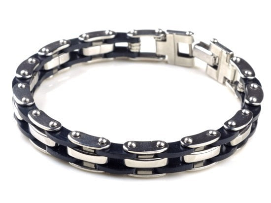 AOMU Men Silver Stainless Steel Link Chain Bracelets & Bangles Men's Cuff Wristband Biker Motorcycle Black Silicone Bracelet - Shopeasywear
