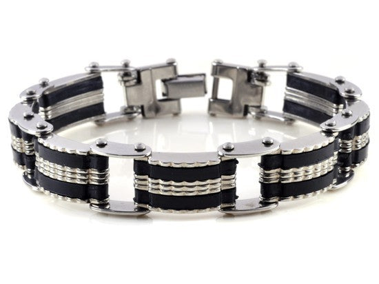 AOMU Men Silver Stainless Steel Link Chain Bracelets & Bangles Men's Cuff Wristband Biker Motorcycle Black Silicone Bracelet - Shopeasywear