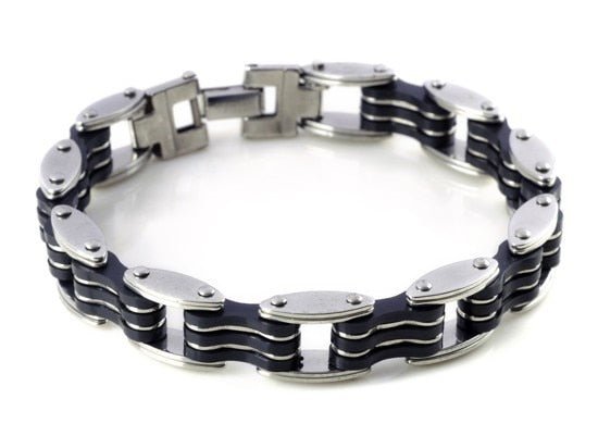 AOMU Men Silver Stainless Steel Link Chain Bracelets & Bangles Men's Cuff Wristband Biker Motorcycle Black Silicone Bracelet - Shopeasywear