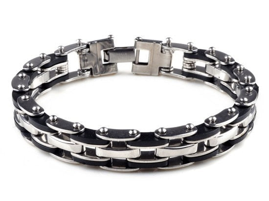 AOMU Men Silver Stainless Steel Link Chain Bracelets & Bangles Men's Cuff Wristband Biker Motorcycle Black Silicone Bracelet - Shopeasywear