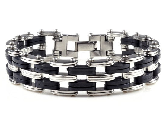 AOMU Men Silver Stainless Steel Link Chain Bracelets & Bangles Men's Cuff Wristband Biker Motorcycle Black Silicone Bracelet - Shopeasywear
