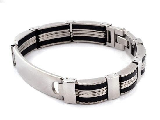 AOMU Men Silver Stainless Steel Link Chain Bracelets & Bangles Men's Cuff Wristband Biker Motorcycle Black Silicone Bracelet - Shopeasywear
