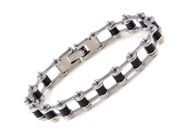 AOMU Men Silver Stainless Steel Link Chain Bracelets & Bangles Men's Cuff Wristband Biker Motorcycle Black Silicone Bracelet - Shopeasywear