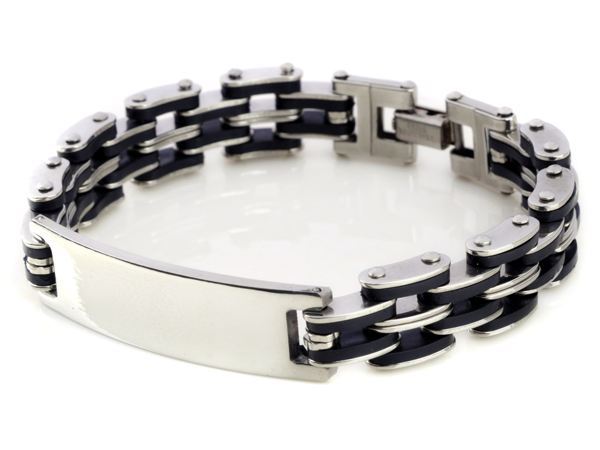 AOMU Men Silver Stainless Steel Link Chain Bracelets & Bangles Men's Cuff Wristband Biker Motorcycle Black Silicone Bracelet - Shopeasywear