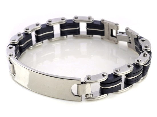 AOMU Men Silver Stainless Steel Link Chain Bracelets & Bangles Men's Cuff Wristband Biker Motorcycle Black Silicone Bracelet - Shopeasywear