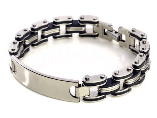 AOMU Men Silver Stainless Steel Link Chain Bracelets & Bangles Men's Cuff Wristband Biker Motorcycle Black Silicone Bracelet - Shopeasywear