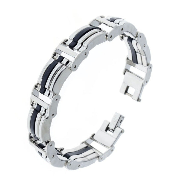 AOMU Men Silver Stainless Steel Link Chain Bracelets & Bangles Men's Cuff Wristband Biker Motorcycle Black Silicone Bracelet - Shopeasywear