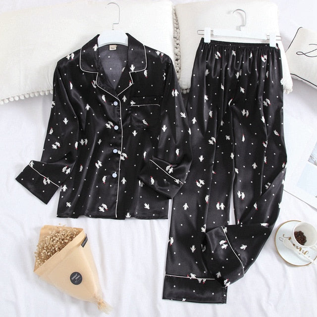 Ice Silk Satin Lapel Women Pajama Set