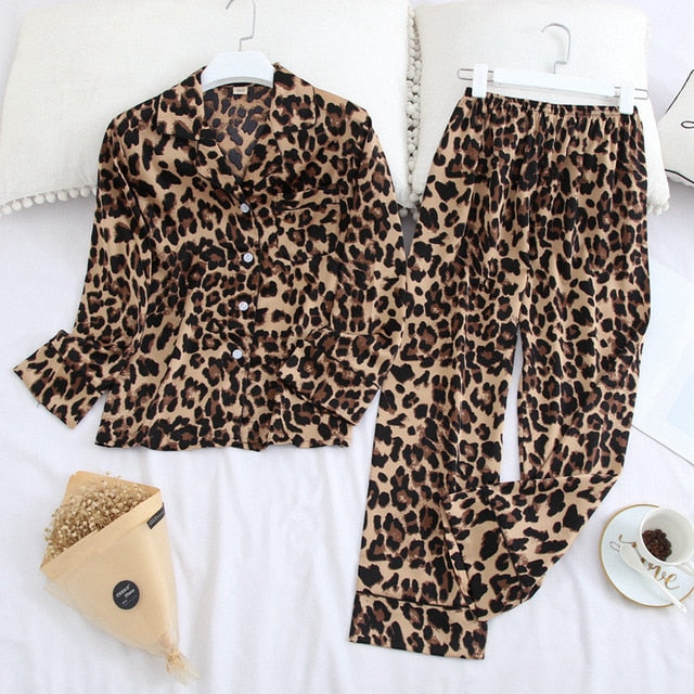 Ice Silk Satin Lapel Women Pajama Set