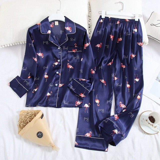 Ice Silk Satin Lapel Women Pajama Set