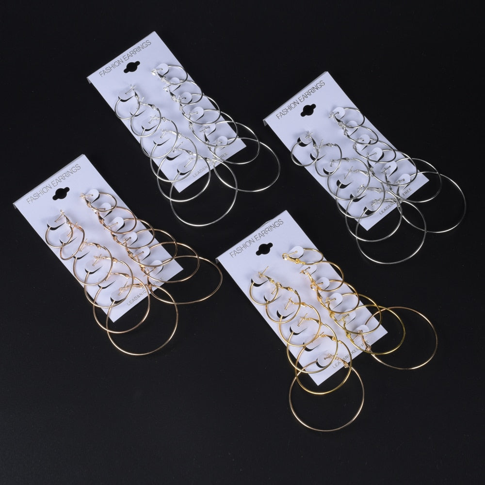 6 Pairs/Set Big Circle Hoop Earrings For Women