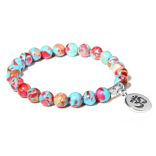 Handmade Natural Stone Lotus Ohm Buddha Beads Bracelet Pink Zebra Stone Lotus Charm Bracelet for Women Men Yoga Jewelry Gifts - Shopeasywear