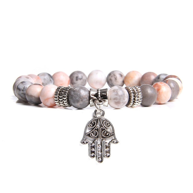 Handmade Natural Stone Lotus Ohm Buddha Beads Bracelet Pink Zebra Stone Lotus Charm Bracelet for Women Men Yoga Jewelry Gifts - Shopeasywear
