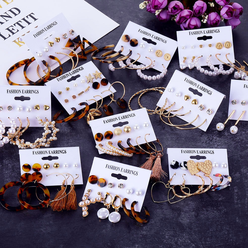Bohemian Leopard Acrylic Pearl Earrings Set - Shopeasywear