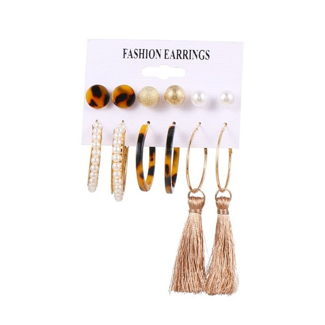 Bohemian Leopard Acrylic Pearl Earrings Set - Shopeasywear