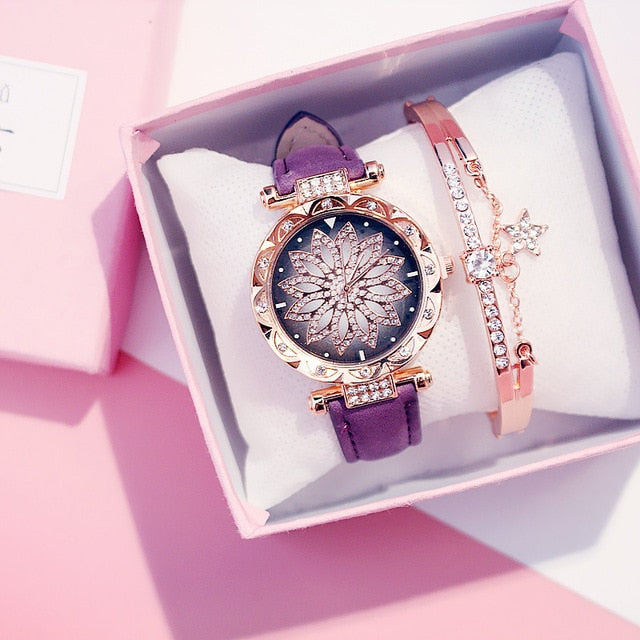 2019 Women Watches Bracelet set Starry Sky Ladies Bracelet Watch Casual Leather Quartz Wristwatch Clock Relogio Feminino - Shopeasywear