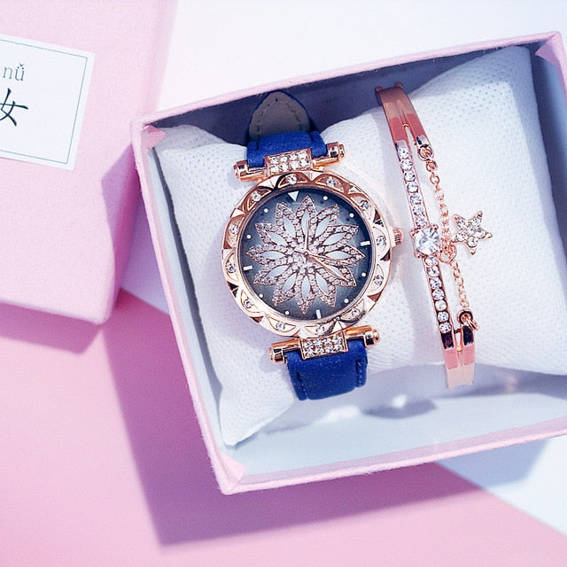 2019 Women Watches Bracelet set Starry Sky Ladies Bracelet Watch Casual Leather Quartz Wristwatch Clock Relogio Feminino - Shopeasywear