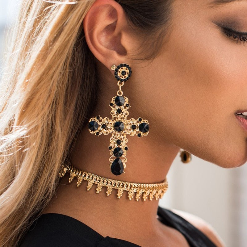 New Arrival Vintage Black Pink Crystal Cross Drop Earrings for Women Baroque Bohemian Large Long Earrings Jewelry Brincos 2020 - Shopeasywear