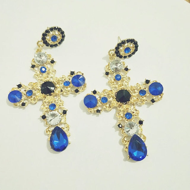 New Arrival Vintage Black Pink Crystal Cross Drop Earrings for Women Baroque Bohemian Large Long Earrings Jewelry Brincos 2020 - Shopeasywear