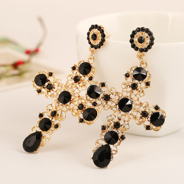 New Arrival Vintage Black Pink Crystal Cross Drop Earrings for Women Baroque Bohemian Large Long Earrings Jewelry Brincos 2020 - Shopeasywear