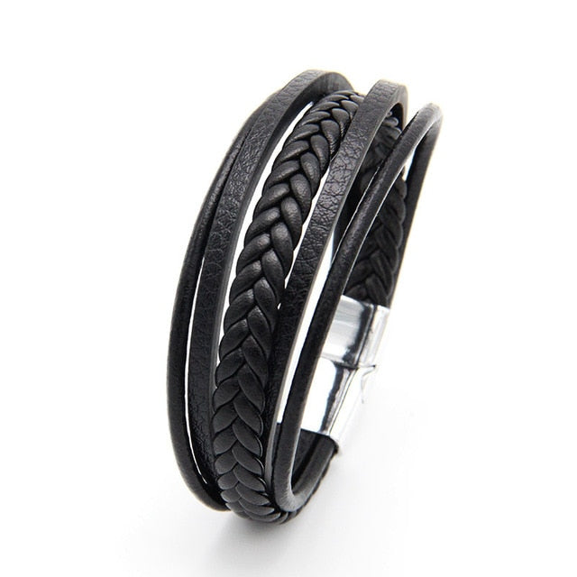 2019 fashion hand-woven multi-layer men's jewelry jewellery celebrity wind vintage alloy magnetic buckle leather bracelet - Shopeasywear