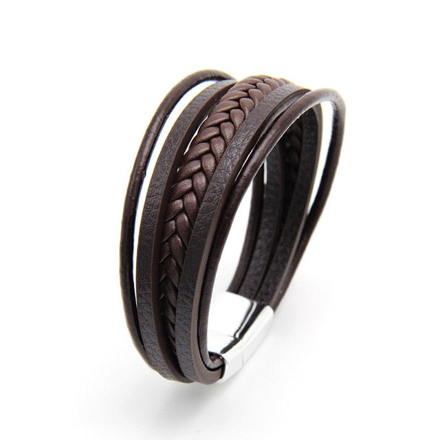 2019 fashion hand-woven multi-layer men's jewelry jewellery celebrity wind vintage alloy magnetic buckle leather bracelet - Shopeasywear