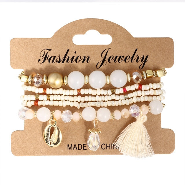 3-4pcs/set Fashion Boho Bracelets & Bangles Women Stone Beaded Bracelet Set With Colorful Gem Long Wrap Bracelet for Women - Shopeasywear