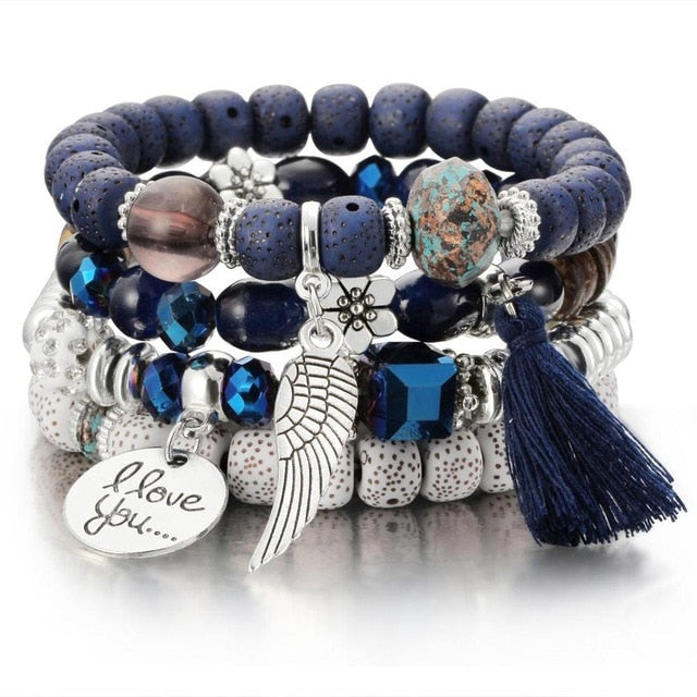 3-4pcs/set Fashion Boho Bracelets & Bangles Women Stone Beaded Bracelet Set With Colorful Gem Long Wrap Bracelet for Women - Shopeasywear