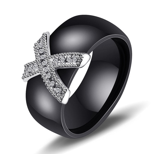 6mm White Black Ceramic Rings Plus Cubic Zirconia For Women Gold Color Stainless Steel Women Wedding Ring Engagement Jewelry - Shopeasywear